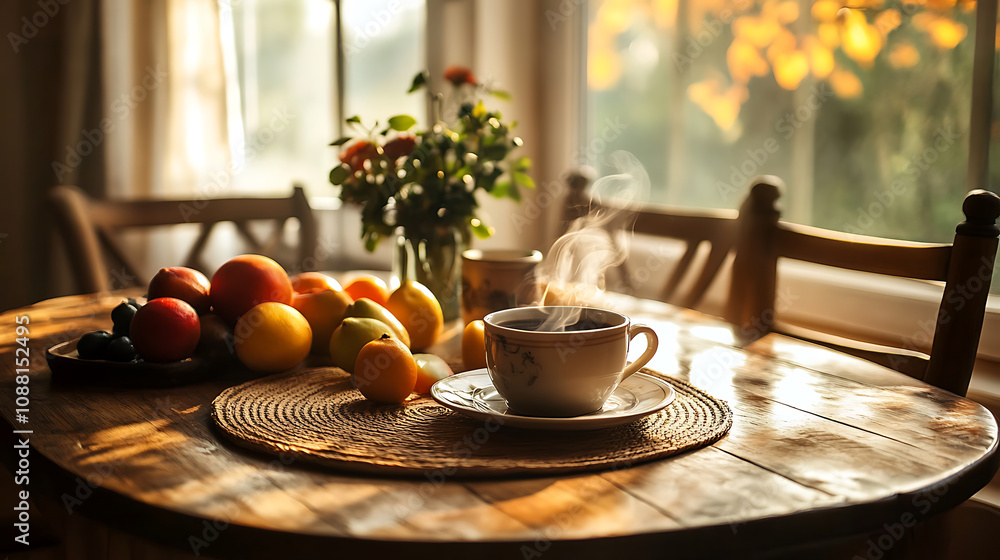 cozy scene featuring rustic wooden table set with steaming cup of coffee, fresh fruits, and vase of flowers. warm sunlight creates serene atmosphere, perfect for relaxation cozy scene featuring rustic wooden table set with steaming cup of coffee, fresh fruits, and vase of flowers. warm sunlight creates serene atmosphere, perfect for relaxation
