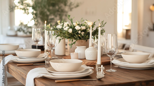 beautifully styled wooden table set for dinner party, featuring elegant tableware, fresh flowers, and soft lighting, creating warm and inviting atmosphere