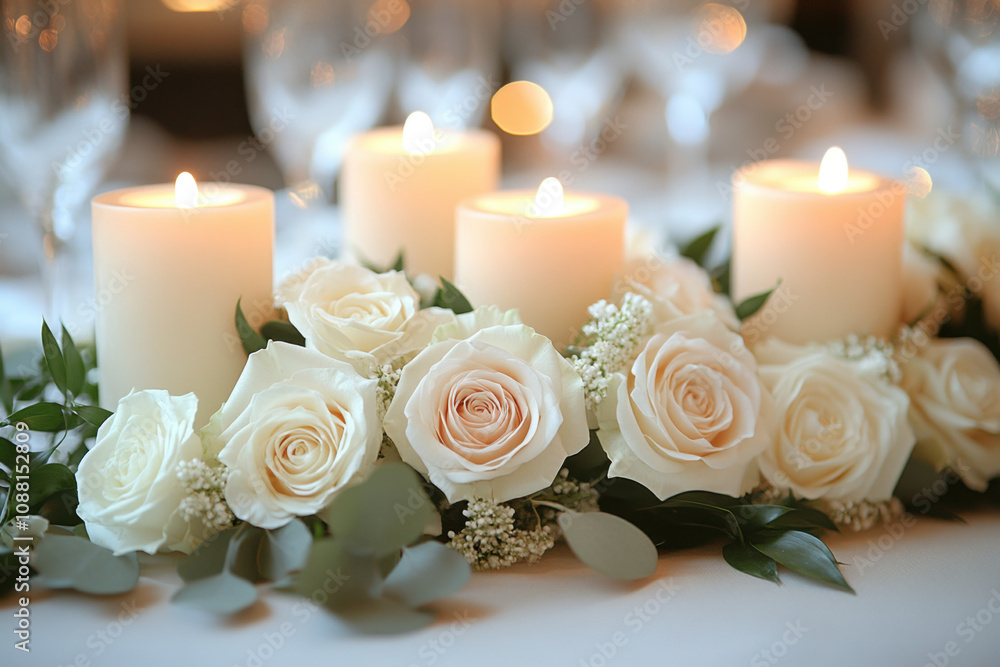 Obraz premium Elegant candle centerpieces adorned with white roses and greenery create romantic atmosphere for any event. soft glow of candles enhances beauty of floral arrangement