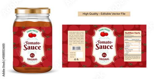 Tomato sauce label design with premium packaging and jar mockup. High-quality spice food label, vector illustration, print-ready template. Modern style, vibrant colors, custom branding, gourmet sauce