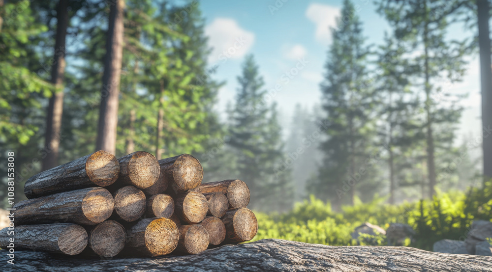 Freshly cut logs stacked in serene forest setting, surrounded by tall trees and lush greenery, creating peaceful and natural atmosphere Freshly cut logs stacked in serene forest setting, surrounded by tall trees and lush greenery, creating peaceful and natural atmosphere
