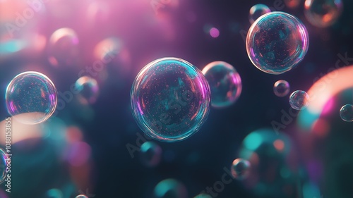 Stunning Abstract Image of Colorful Bubbles Floating in Cosmic Space with a Beautiful Gradient Background Capturing Light and Color in Dark Atmosphere
