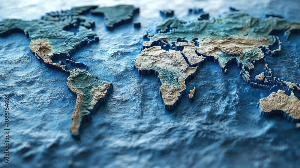 3D relief map of the world showcasing continents and oceans. 3D relief map of the world showcasing continents and oceans.