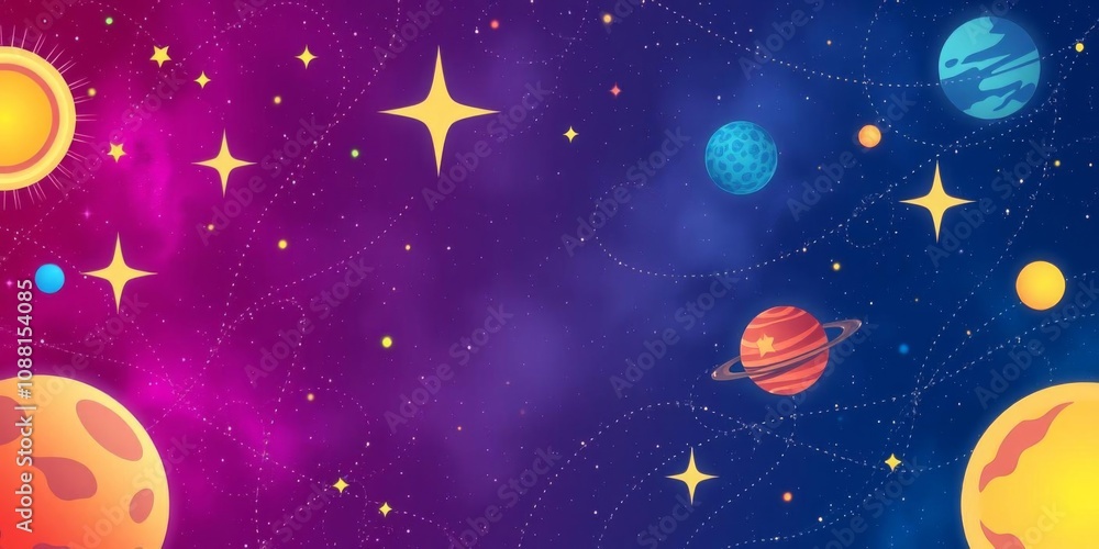 A seamless pattern of cosmic elements like planets, stars, and galaxies in vibrant colors, planets, vector A seamless pattern of cosmic elements like planets, stars, and galaxies in vibrant colors, planets, vector