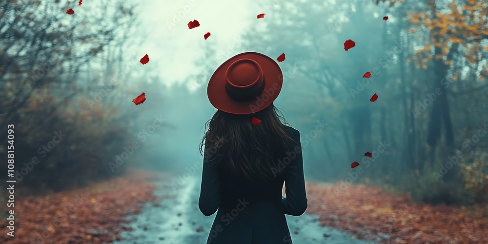 Fototapeta premium Woman in Red Hat Walking in Autumn Forest