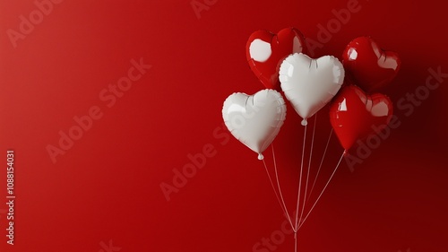 Floating Heart Balloons in Shades of Red Against a Bold Red Background, Perfect for Romantic Themes and Celebratory Events, Evoking Love and Joyful Emotions