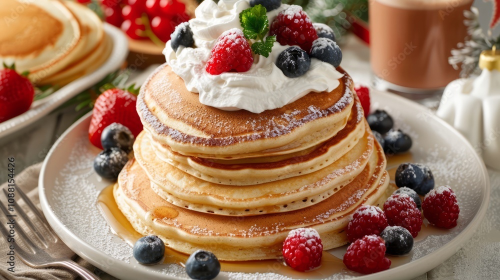 Stacked Pancakes with Fresh Berries and Whipped Cream on a Cozy Table Setting for Breakfast or Brunch, Perfect for Food Photography and Culinary Inspiration Stacked Pancakes with Fresh Berries and Whipped Cream on a Cozy Table Setting for Breakfast or Brunch, Perfect for Food Photography and Culinary Inspiration
