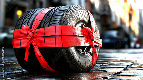 A Single Black Tire Wrapped in a Large Red Bow, Lying on a Cobblestone Street,  Symbol of a Gift, A Metaphorical Presentation of a New Car,  A 3D Rendered Image with a Realistic Look.