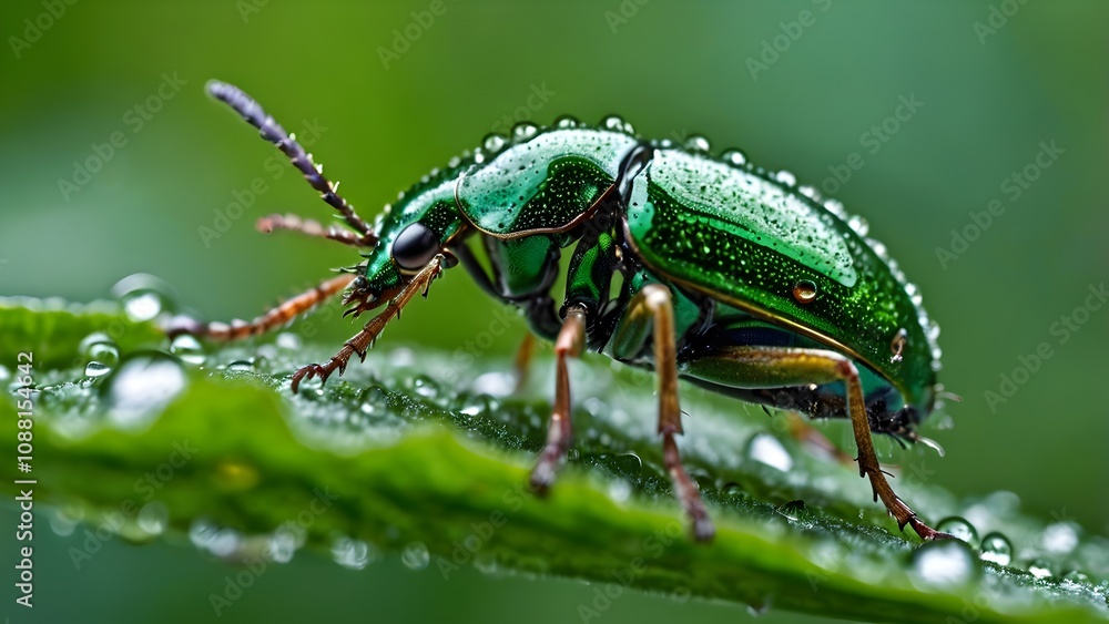 a metallic green beetle resting on a dewy leaf, perfect for macro nature themes. a metallic green beetle resting on a dewy leaf, perfect for macro nature themes.
