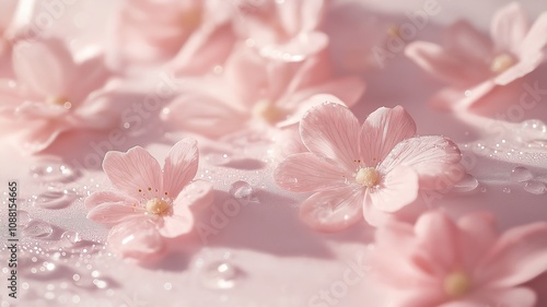 Delicate Pink Petals with Dewdrops Scattered Over a Soft Surface Creating an Ethereal and Serene Atmosphere of Nature's Beauty