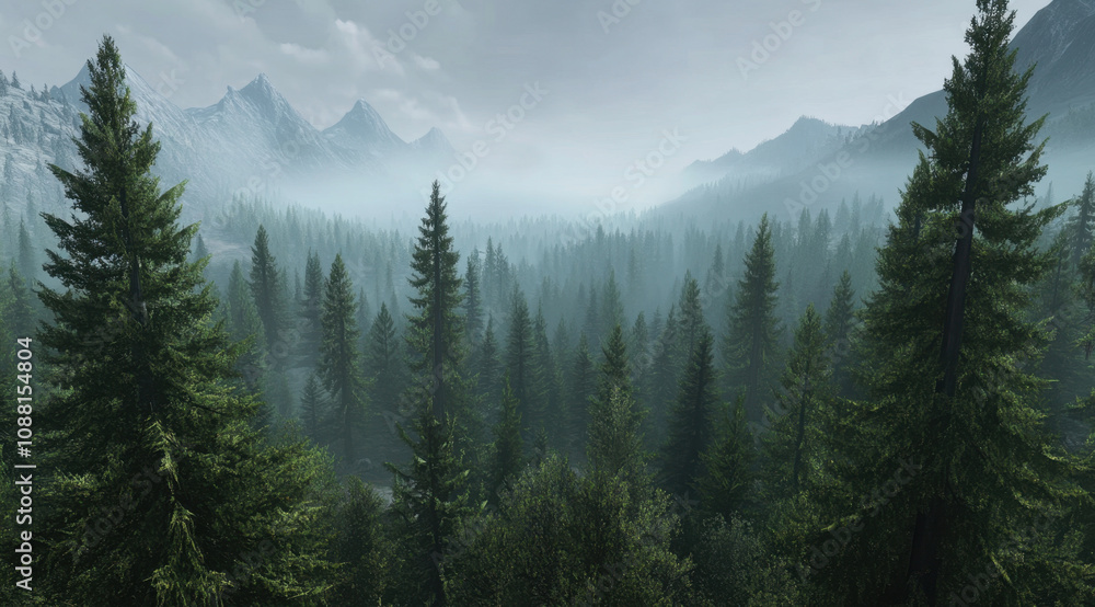 panoramic view of dense forest with tall pine trees, surrounded by misty mountains, creates serene and tranquil atmosphere panoramic view of dense forest with tall pine trees, surrounded by misty mountains, creates serene and tranquil atmosphere