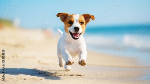 Joyful Dog Running Along a Sandy Beach with Vibrant Blue Ocean in the Background Under a Clear Sky, Capturing the Essence of Summer Happiness