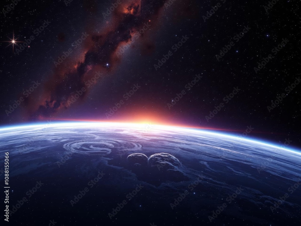 A stunning planet with a vibrant sunrise against a backdrop of twinkling stars, cosmic, interstellar A stunning planet with a vibrant sunrise against a backdrop of twinkling stars, cosmic, interstellar
