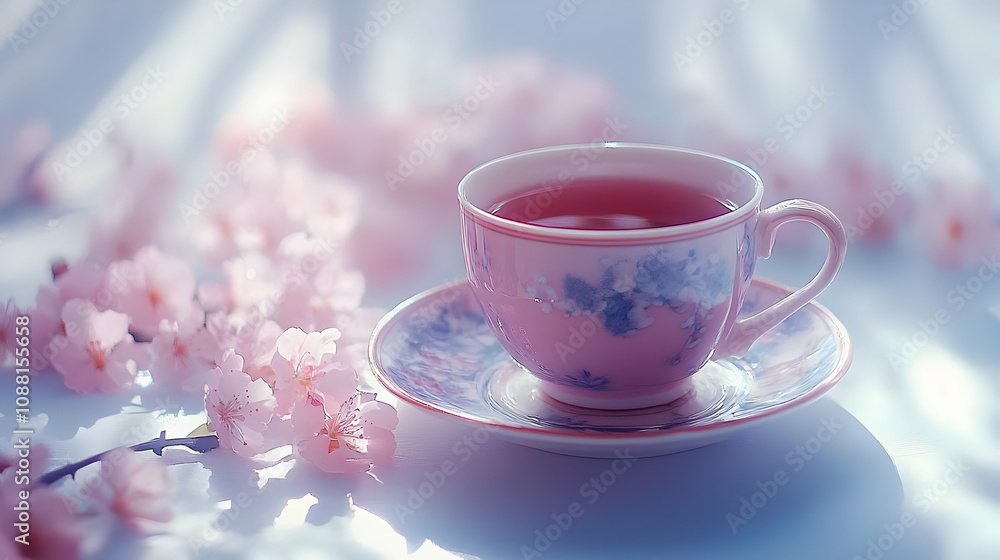 Serene Teacup Illustration: Pink Blossoms and Tranquil Drink Serene Teacup Illustration: Pink Blossoms and Tranquil Drink