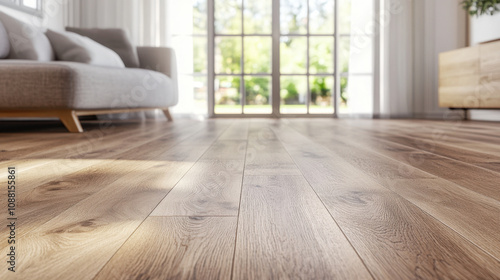 spacious room with white walls and oak laminate flooring, featuring cozy sofa and large windows that let in natural light, creating warm and inviting atmosphere photo