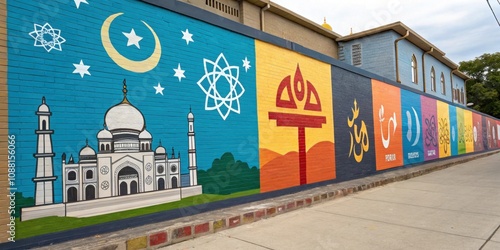 Vibrant mural showcasing a variety of religious symbols, promoting interfaith understanding and peaceful coexistence in a multicultural community photo