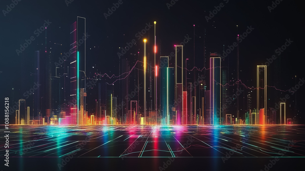 Abstract black background with 3D Colorful charts and graphs with statistics to innovative analyze business potential and forecast future development of companies growth. Abstract black background with 3D Colorful charts and graphs with statistics to innovative analyze business potential and forecast future development of companies growth.