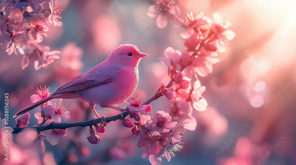 Pink bird perched on blossoming branch at sunrise. Pink bird perched on blossoming branch at sunrise.