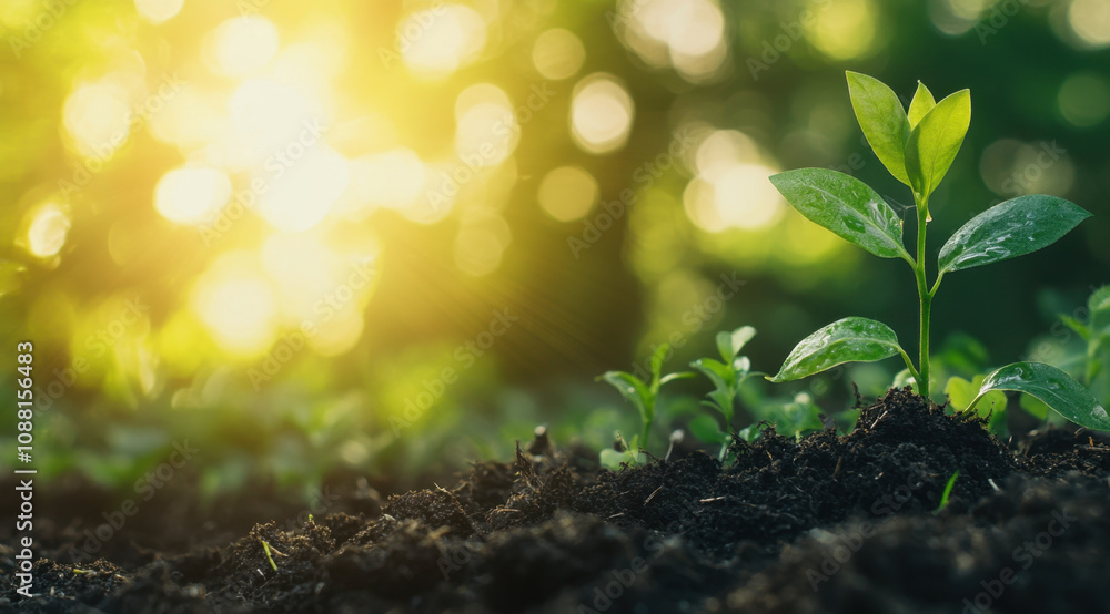 sprout growing from soil in sunlit garden, symbolizing new life and growth. vibrant green leaves contrast beautifully with dark soil sprout growing from soil in sunlit garden, symbolizing new life and growth. vibrant green leaves contrast beautifully with dark soil