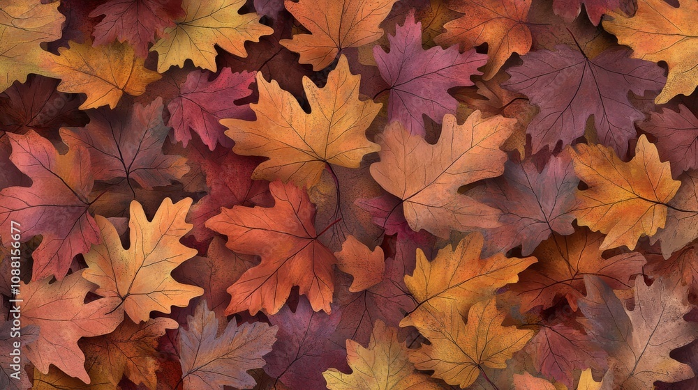 72.An autumn leaf background design featuring a collection of flat, illustrated leaves in earthy tones of rust, ochre, and burgundy. The leaves are arranged in a seamless pattern, each leaf type with 72.An autumn leaf background design featuring a collection of flat, illustrated leaves in earthy tones of rust, ochre, and burgundy. The leaves are arranged in a seamless pattern, each leaf type with