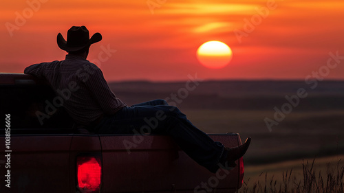 Cowboy Relaxing on Truck Tailgate at Sunset: Silhouette of a Man Enjoying a Quiet Moment with Vibrant Horizon. Image made using Generative AI.