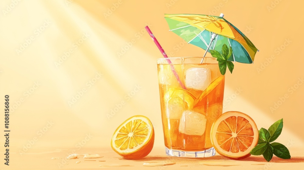 20.A chilled citrus beverage in a decorative glass, filled with slices of lemon and orange, ice cubes, and a sprig of mint. The drink is finished with a fun umbrella and colorful straw, perfectly 20.A chilled citrus beverage in a decorative glass, filled with slices of lemon and orange, ice cubes, and a sprig of mint. The drink is finished with a fun umbrella and colorful straw, perfectly