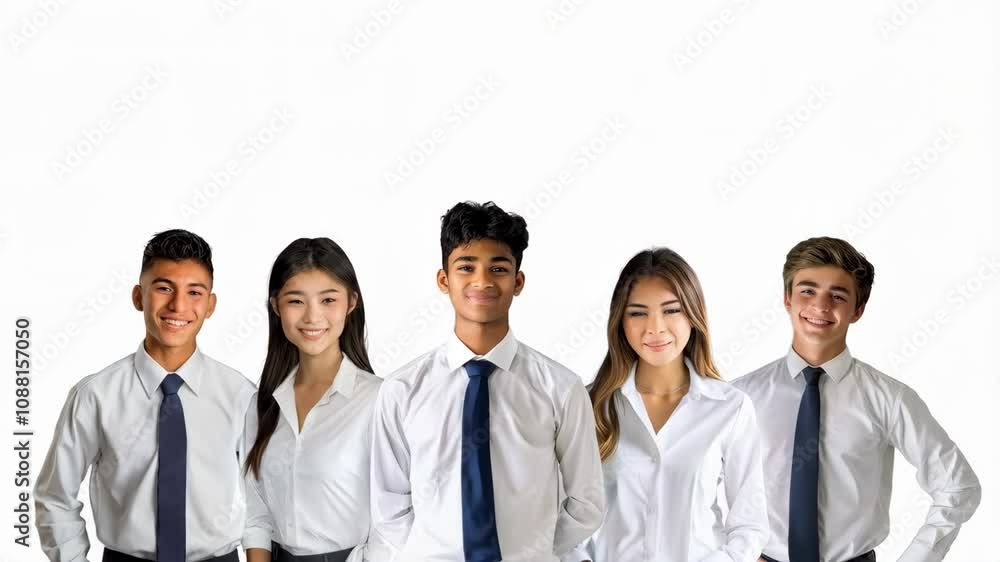 Group of diverse young professionals in white shirts and ties, smiling confidently. White background Group of diverse young professionals in white shirts and ties, smiling confidently. White background