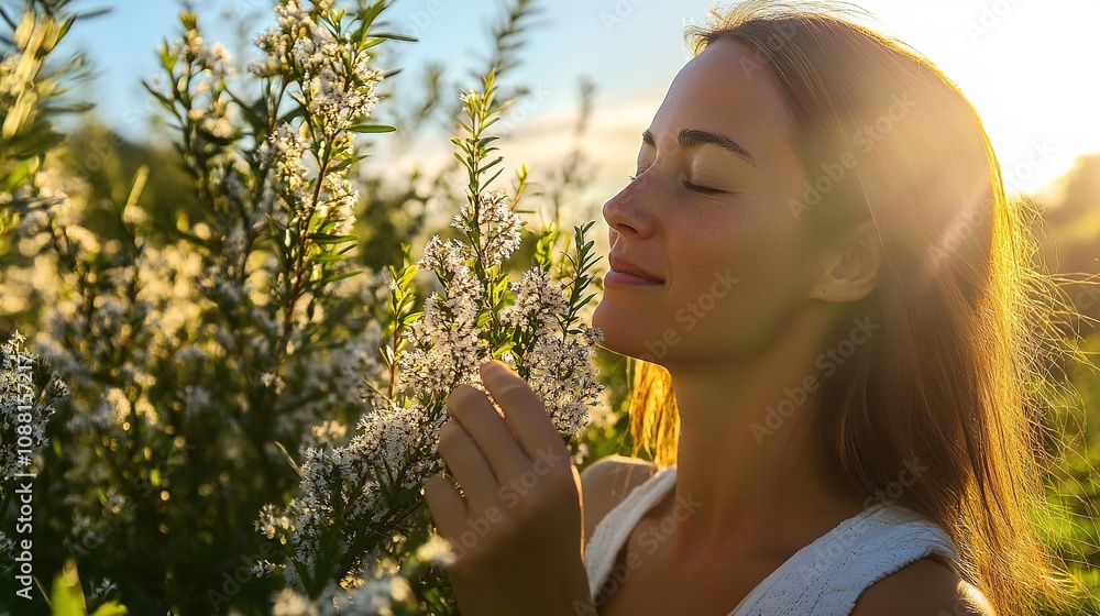 Woman Enjoying Fresh Air in a Blooming Manuka Field on a Sunny Day - A Serene Scene of Relaxation and Natural Beauty in Vibrant Sunshine. Woman Enjoying Fresh Air in a Blooming Manuka Field on a Sunny Day - A Serene Scene of Relaxation and Natural Beauty in Vibrant Sunshine.