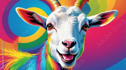 A vibrant goat stands against a rainbow backdrop, showcasing a blend of colors and a lively atmosphere.