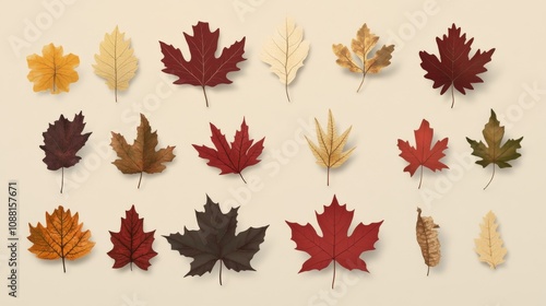 73.A detailed flat design pack of autumn leaves, with a variety of leaf shapes such as maple, oak, and birch, in vibrant fall colors like crimson, gold, and deep brown. The elements are arranged photo