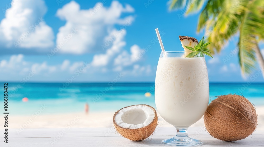 a refreshing tropical drink served in a glass with fresh coconut pieces and pineapple garnish. Set against a picturesque beach backdrop, it embodies summer vibes and island relaxation. a refreshing tropical drink served in a glass with fresh coconut pieces and pineapple garnish. Set against a picturesque beach backdrop, it embodies summer vibes and island relaxation.