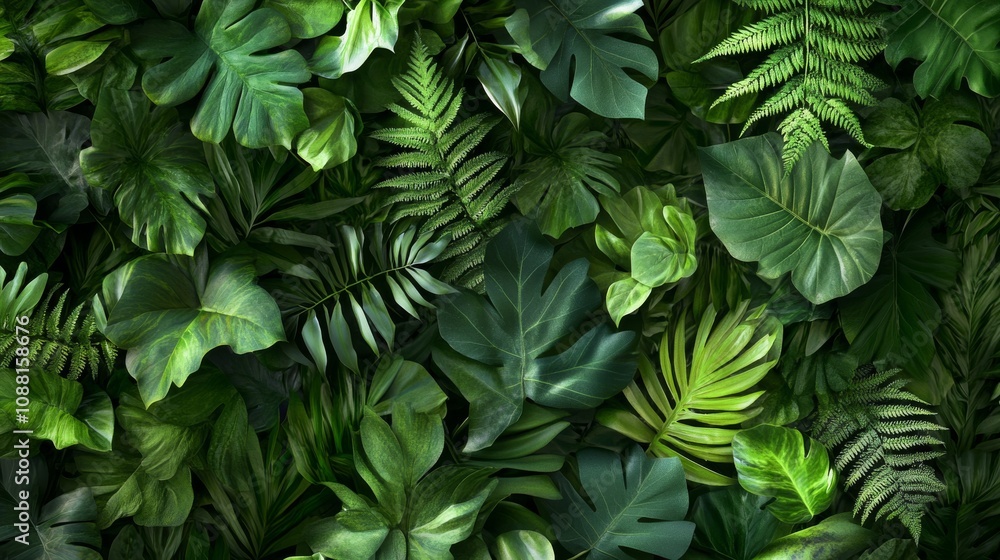 97.A lush set of greenery foliage elements, with an assortment of leaf shapes and sizes. The design emphasizes the fresh, vibrant green tones and detailed leaf patterns, from broad tropical leaves to 97.A lush set of greenery foliage elements, with an assortment of leaf shapes and sizes. The design emphasizes the fresh, vibrant green tones and detailed leaf patterns, from broad tropical leaves to