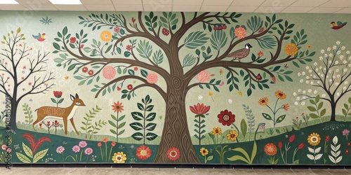 Vibrant mural of a harmonious ecosystem with a large tree, colorful flowers, foliage, a deer, birds, and nature elements, creating a serene scene photo