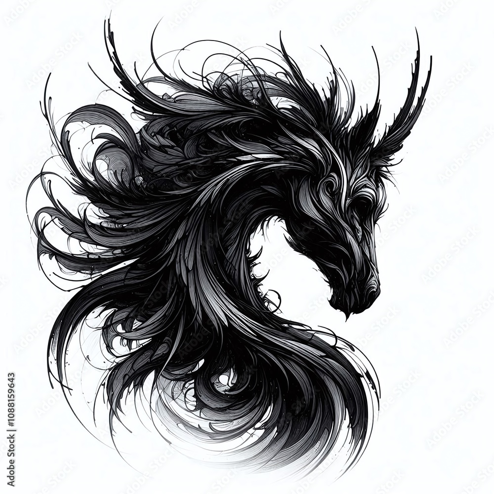 Black and white vector tattoo design of a dragon head with tribal and floral elements Black and white vector tattoo design of a dragon head with tribal and floral elements