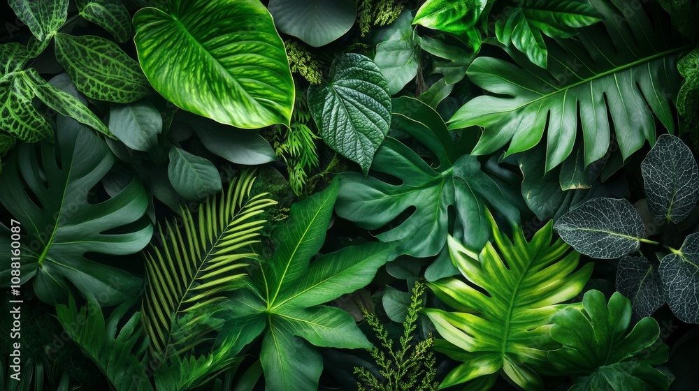 99.A vibrant arrangement of fresh foliage elements, presenting a variety of leaf styles in different shades of green. The detailed textures, from the smooth edges of tropical leaves to the intricate 99.A vibrant arrangement of fresh foliage elements, presenting a variety of leaf styles in different shades of green. The detailed textures, from the smooth edges of tropical leaves to the intricate