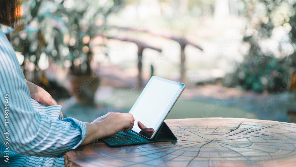 business using tablet check and review digital document marketing on cloud with internet network, working outdoors anywhere, access database online to era technology fast job, connected wireless.