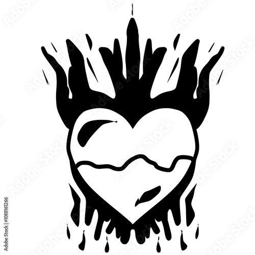 A black and white drawing of a heart with flames around it 2