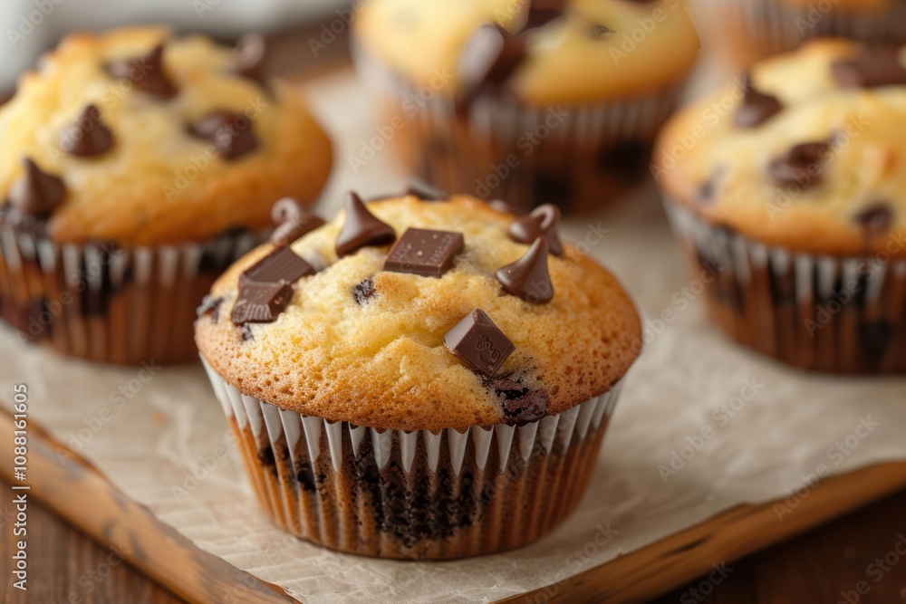 Delicious Chocolate Muffins on Wooden Table - Food Bakery Bake Photography Background Delicious Chocolate Muffins on Wooden Table - Food Bakery Bake Photography Background