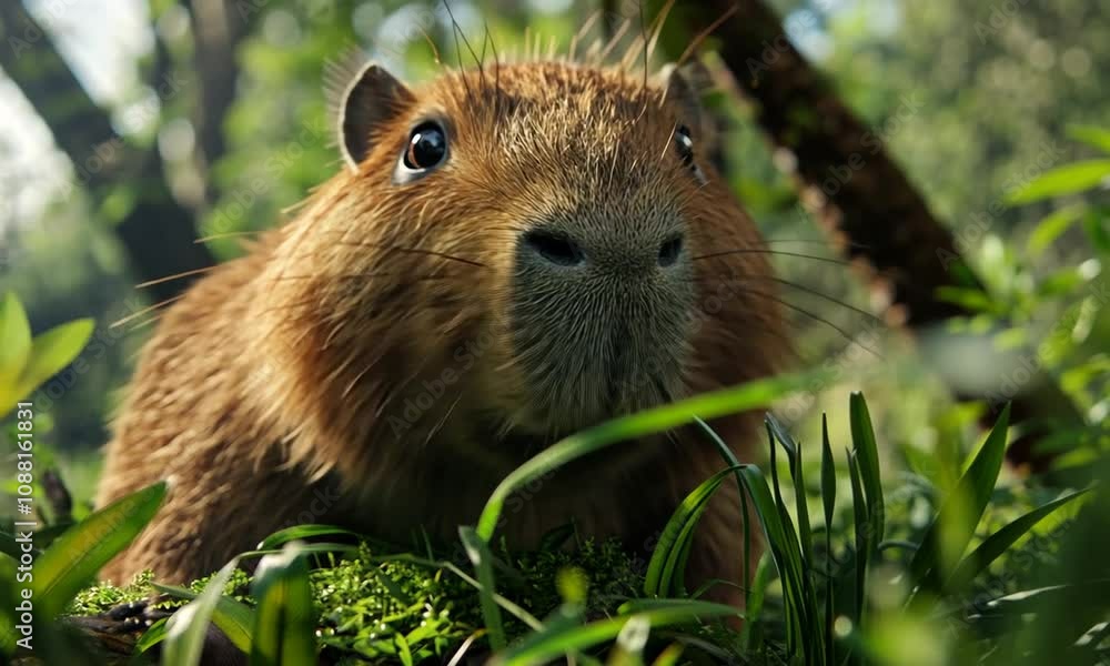 Close-Up of a Friendly Capybara Surrounded by Lush Greenery, Showcasing Its Expressive Features and Natural Habitat in a Vibrant Ecosystem Close-Up of a Friendly Capybara Surrounded by Lush Greenery, Showcasing Its Expressive Features and Natural Habitat in a Vibrant Ecosystem