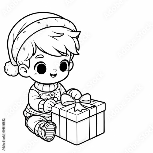 Blank coloring book illustration of a child wearing a Christmas costume being happy to receive a Christmas present.