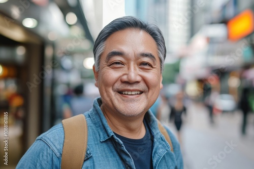 Senior Asian man smiling in the city, enjoying a sunny day while walking among the bustling crowd