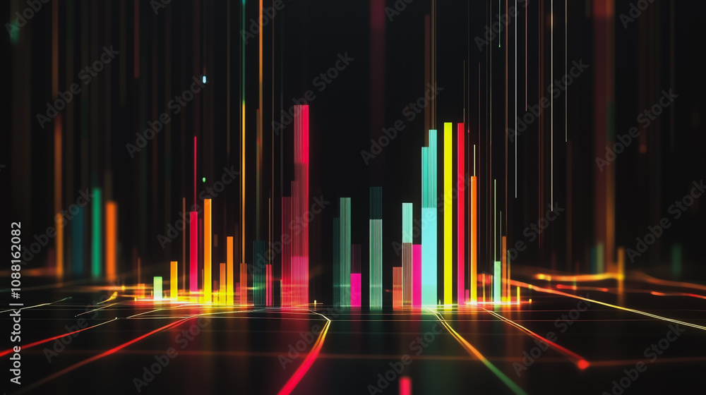 Abstract black background with 3D Colorful charts and graphs with statistics to innovative analyze business potential and forecast future development of companies growth. Abstract black background with 3D Colorful charts and graphs with statistics to innovative analyze business potential and forecast future development of companies growth.