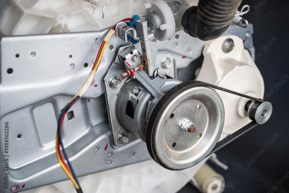 washing machine motor with drive belt and clutch. washing machine motor repair concept