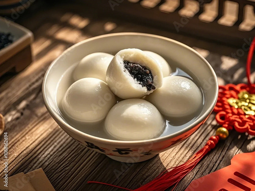 Close-up of a bowl of hot black sesame glutinous rice balls served in a ceramic bowl on a wooden dining table, family reunion concept, Chinese New Year concept.Tang Yuan,sweet dumplings balls photo