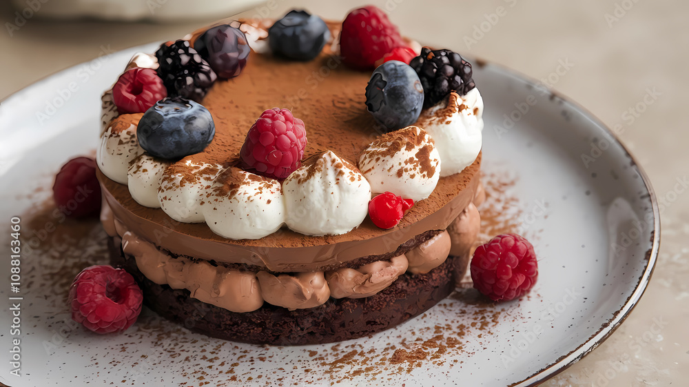 Layered chocolate dessert topped with berries and cocoa powder on a rustic plate. Layered chocolate dessert topped with berries and cocoa powder on a rustic plate.