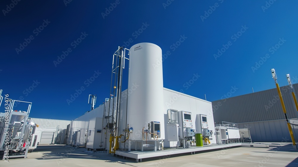 Hydrogen Storage Tank Positioned Under a Clear Sky, Symbolizing Sustainable Energy Solutions with a Focus on Clean Technology and Environmental Consciousness. Hydrogen Storage Tank Positioned Under a Clear Sky, Symbolizing Sustainable Energy Solutions with a Focus on Clean Technology and Environmental Consciousness.
