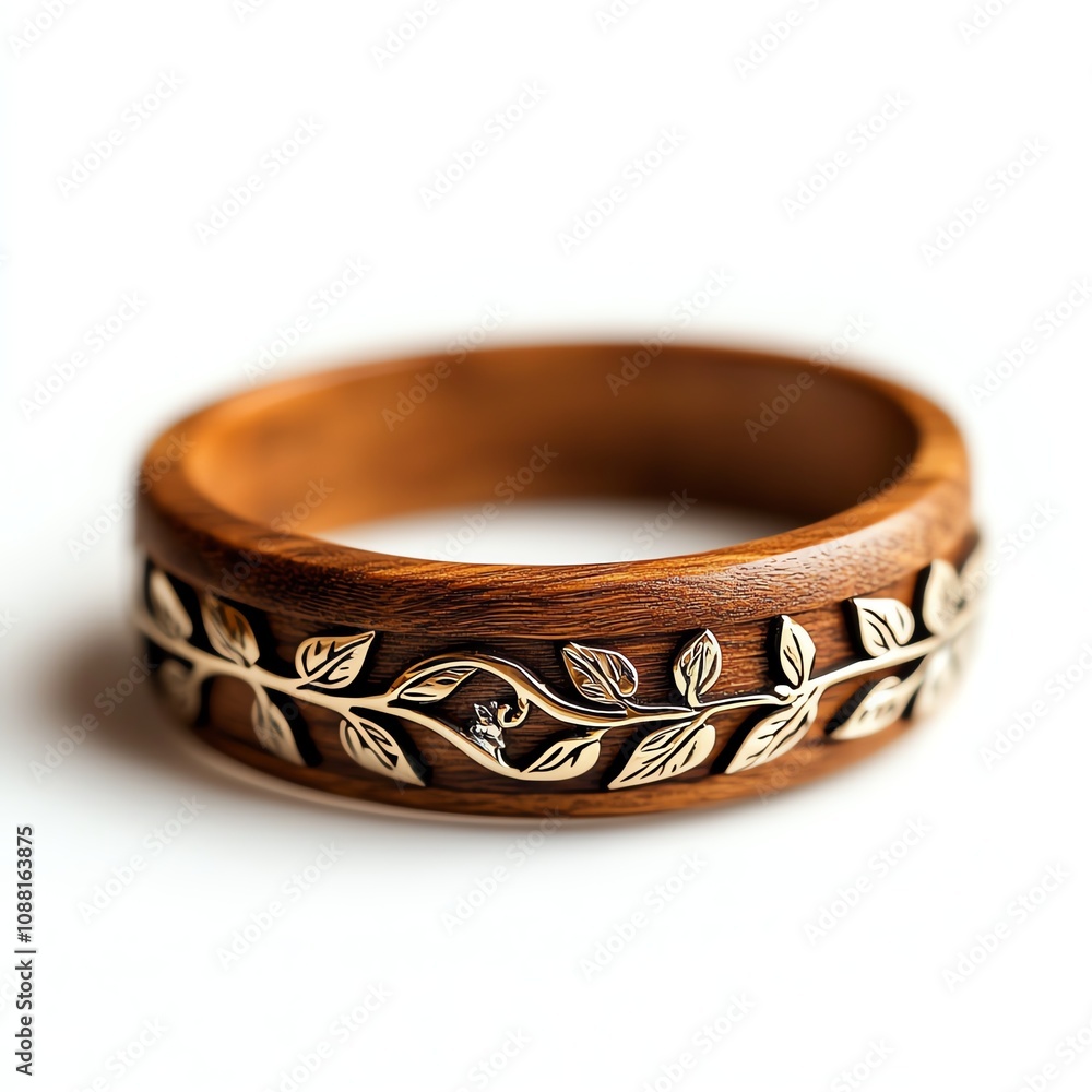Elegant wooden ring with intricate leaf design, isolated on white background. Elegant wooden ring with intricate leaf design, isolated on white background.