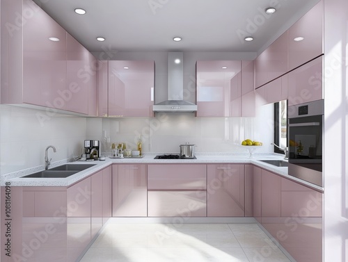 Modern Pink Kitchen Design With Sleek Cabinets And Appliances photo