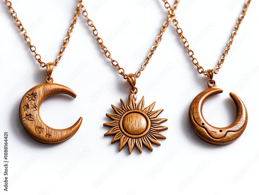 Wooden pendants featuring sun and crescent moon designs on white isolate background. Wooden pendants featuring sun and crescent moon designs on white isolate background.