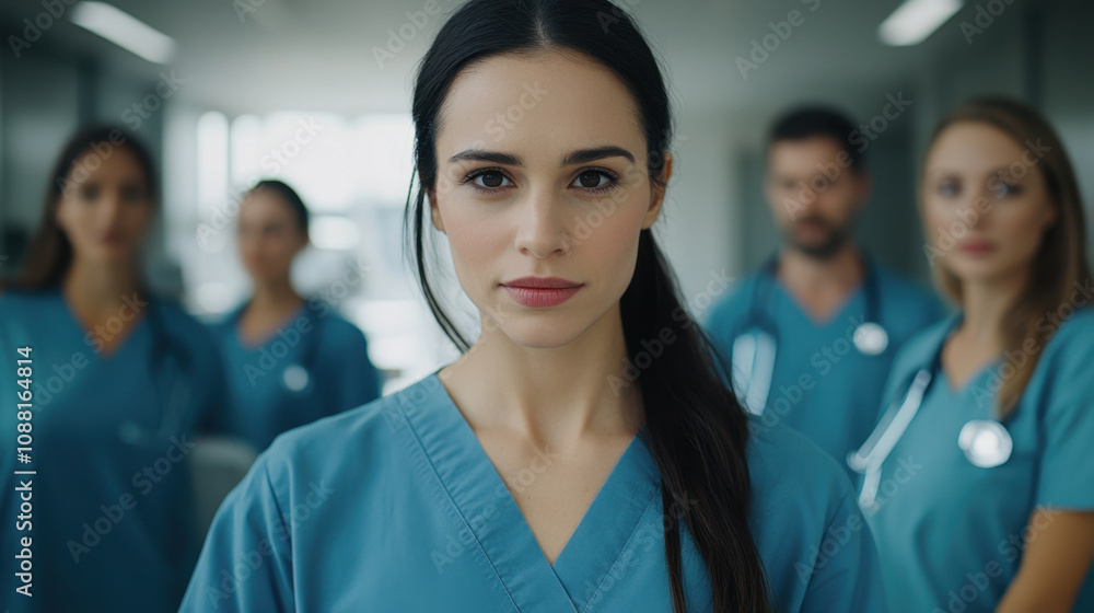 Nursing student in scrubs with her team, showcasing determination and teamwork in hospital setting Nursing student in scrubs with her team, showcasing determination and teamwork in hospital setting